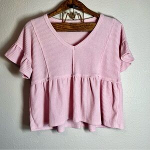 LUSH Babydoll Pink Ruffle Sleeve‎ Crop Peplum V-Neck Top